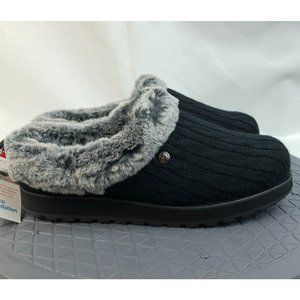Skechers Slippers Womens 7.5 Wide Black Sweater Knit Faux Fur Memory Foam